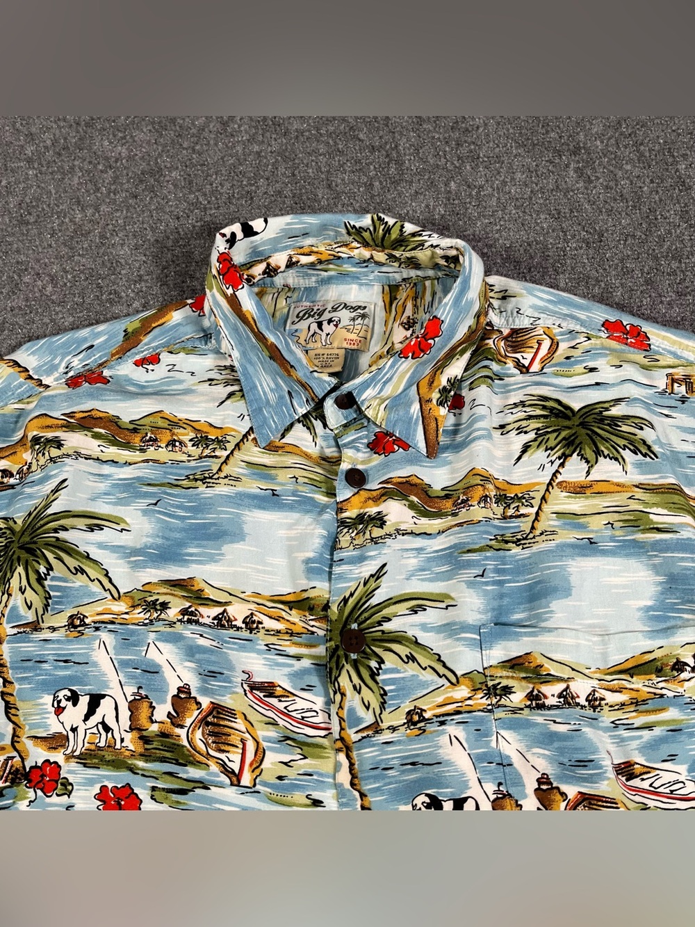Vintage 90s Big Dogs Hawaiian All Over Beach Print Shirt Mens Size L Tropical